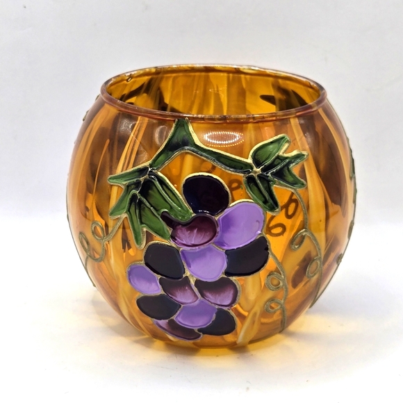 Hand Painted Yellow Orange Gold Vase GRAPES Raised 3.5 In Votive CandleHolder - Picture 1 of 16